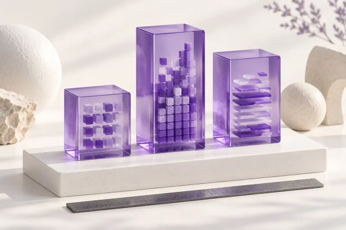 Three violet glass data blocks beside a measuring ruler, representing API comparisons