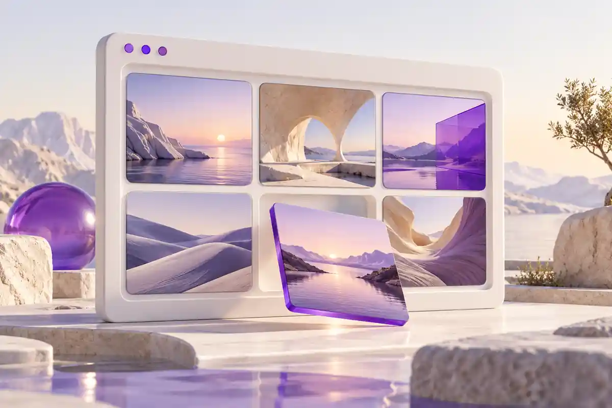 A grid of image tiles being embedded into a browser frame