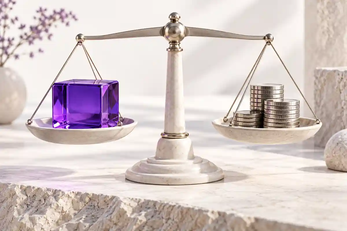A balance scale weighing data against coins