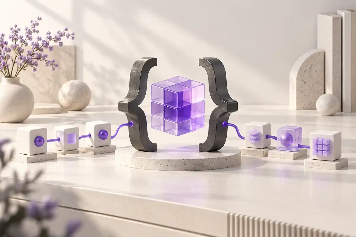 Code braces surrounding a glass data cube connected to a modular pipeline