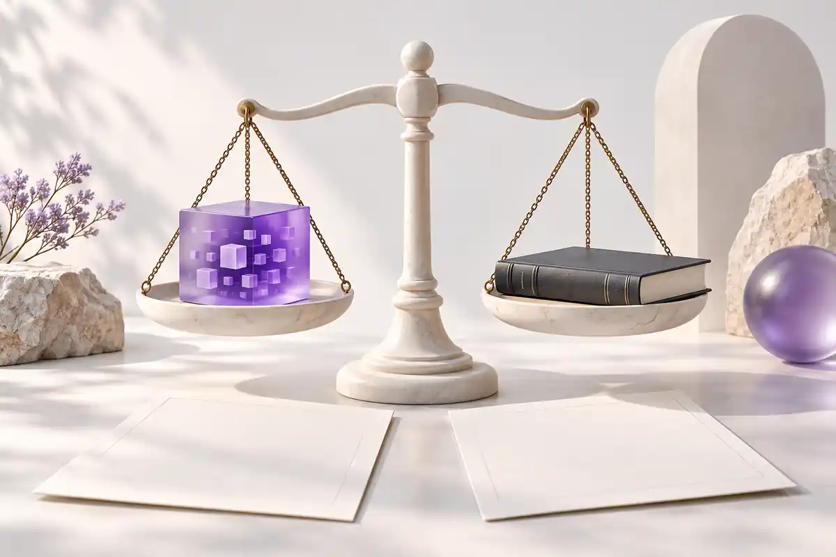 Scales of justice balancing a data cube and legal book