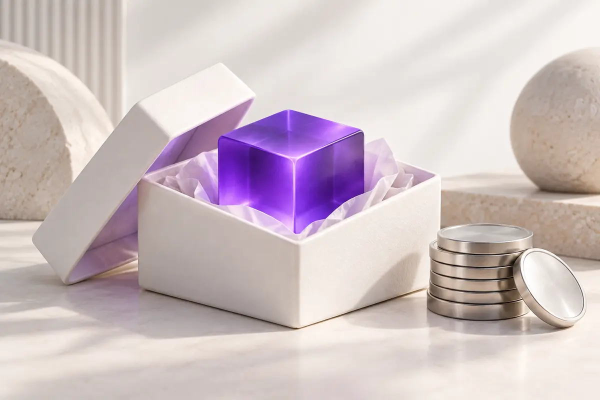 A data cube in an open gift box beside coins